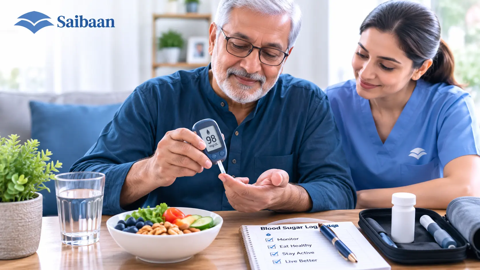 Glucometer being used to monitor blood sugar of elderly patient at home