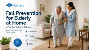 Elderly person safely walking at home with support in Pakistan